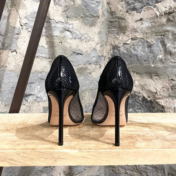 Jimmy Choo Black Patent Romy Mesh 100 Pumps - Picture 5 of 11